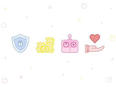 Icon illustrations coin colour controller fun game icon illustration line love money security shield