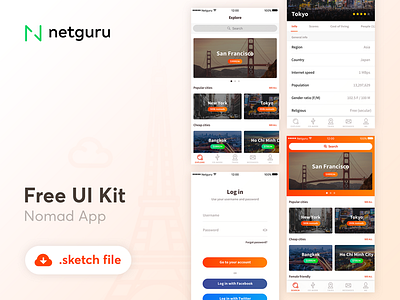 Nomad App Freebie app freebie ios iphone kit mobile netguru nomad sketch template ui white