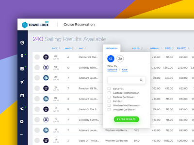 Cruise Results cruise results dashboard data table filters result list sort by