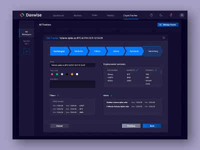 Custom Crypto Tracker Setup for Daxwise Exchange coin tracker crypto exchange cryptocurrency dark desktop ui finance ui uiux ux design web app web ui