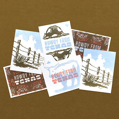 Block Printed Postcards armadillo fort worth graphic design illustration printmaking texas