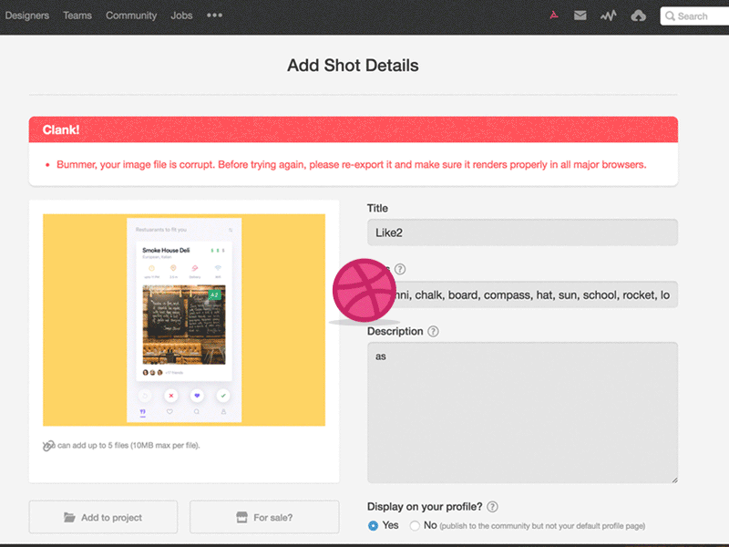 Dribbble shot upload error tackle bummer corrupt dribbble error file renders shot udhaya ui upload ux