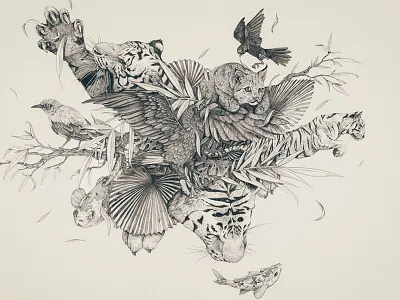 Jungle Jump bird fish illustration jungle leaves sketch tiger tropical