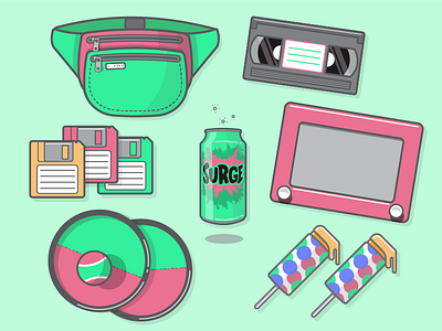 90s Throwback 90s fanny pack floppy disk ice cream illustration soda toys vector vhs