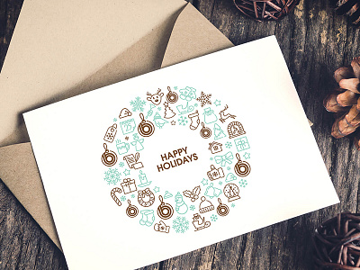 Christmas Card brown christmas icons wreath