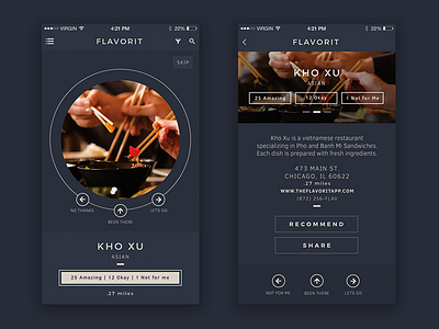 Flavorit app design app development circles dark blue flat ios menu mobile design tan ui