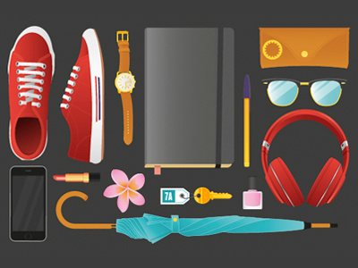 The Essentials cellphone flower headphones key lipstick nail polish notebook pen shoes sunglasses umbrella watch