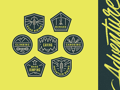Adventure Icons adventure badge base jumping bike bungee canoeing caving climbing mountain outdoors patch road biking