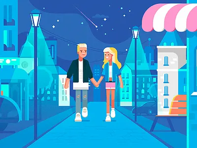 Night City 2d boy character city flat girl illustration shape sky star vector walk