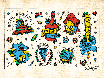 Flash Sheet flash handdrawn handmade pirates rum tattoo traditional vintage