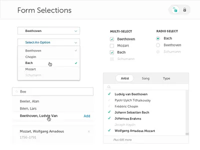 Blue steel Styleguide : Form Selection checkboxes dropdown forms lock multi select radio buttons search selection styleguide ui elements