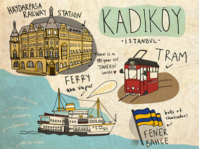 Part of a Kadikoy Map building cute doodle ferry hip istanbul kadikoy map old tram typography vintage