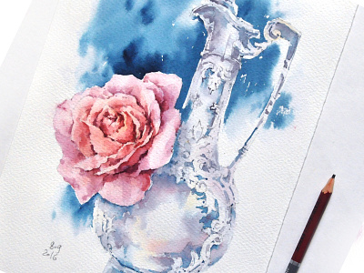 Perfume bottle antiques bottle composition flower glare metal perfume reflection rose still life watercolor