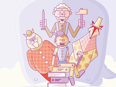 Pinocchio cat design flat fox geppetto illustration illustrator pinocchio vector whale