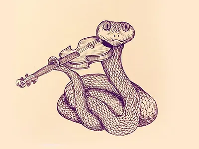 V is for... a viper playing a violin illustration pen and ink sketch