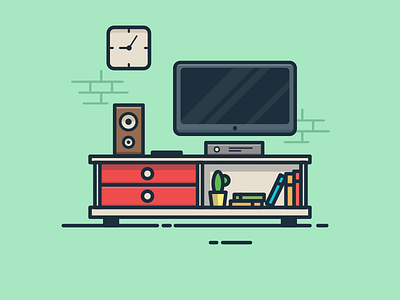 Tv Room 100days clean daily flat green illustration interior lineart living room outline tv room watch