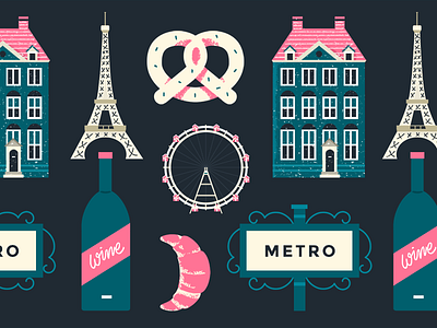 Pattern - Europe Holiday building eiffel europe flat food illustration pastry pattern pretzel travel vector wine