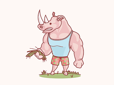 Herbivore Rhino animal character grass illustration muscles power rhinoceros strength vector