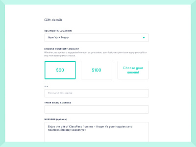 ClassPass holiday gifting checkout checkout form fields forms gift gifting web web design