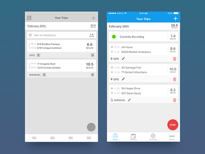 Trips List app cards distance location mobile record sketch track trips ui ux wireframe