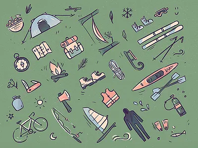 being active in nature bike bonfire camping diving green hiking nature patern rafting scout skiing tent