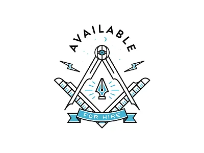 Available For Hire badge compasses flat hire illustration lineart mark outline pen tool symbol typography vector