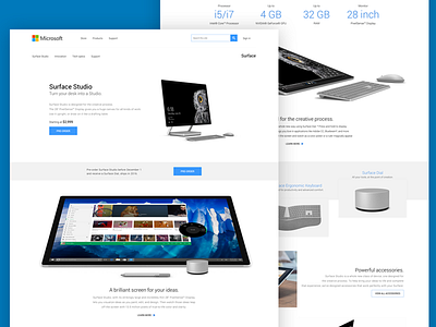 Mircosoft Surface Studio Redesign interface landing page. microsoft ui ux website