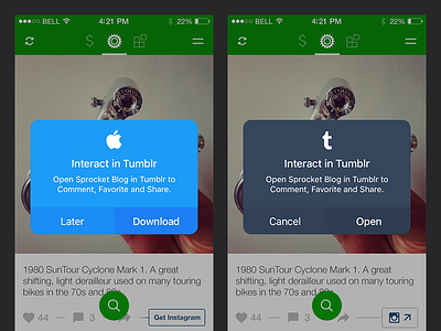 Sprocket iOS 1.3 Tumblr Newsfeed Dialogs apple consistent dialog easy feedback ios maintainable sprocket tumblr ui ux