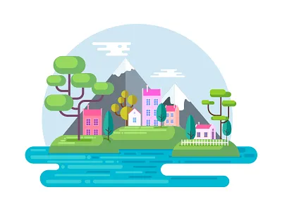 Beautiful Town within nature cloud evening flat house illustration landscape nature river town trees vector