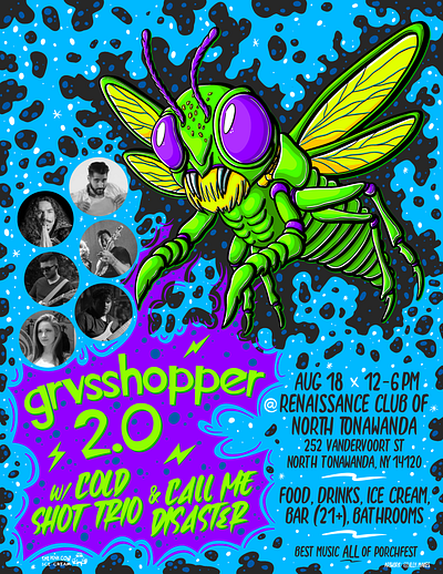 North Tonawanda Porchfest 2024 Concert Poster & Artist Spotlight cartoon concert concert poster design event event poster flyer graphic design grasshopper illustration illustrator music porchfest poster procreate qr code spotlight vibrant