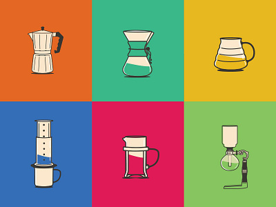 Coffee Brewing Illustrations brew coffee colour design flat icons illustrations third wave vectors