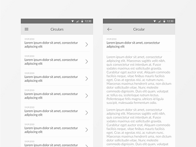 Circulars Listing & Detailed Screens (CA Planner Android App) circulars complex design filters india listing low fidelity search students user centred user experience wireframe