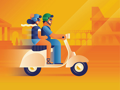 Scooting... couple flat holiday illustration italy people riding scooter vector