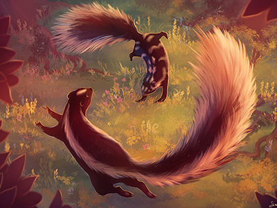 Dancing skunks colorful dancing field flowers skunks