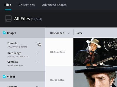 Multimedia search filtering dam dashboard search