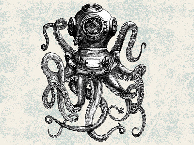 Diver helmet diver helmet diving hand drawn monster octopus retro sea tentacles