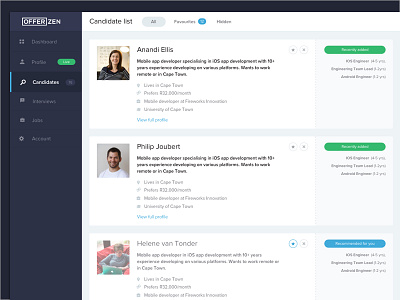 Candidate List candidates cards list offerzen sidebar ui