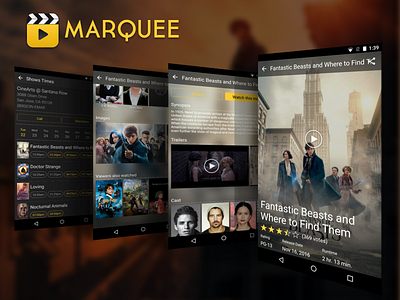Movie Detail & Showtimes Page for Movie Discovery Android App android app cast crew dark movies photos showtimes trailers ui