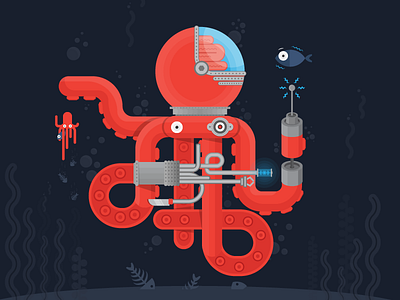 Techtopus... baby deep fish flat illustration mother ocean octopus robot sea vector water