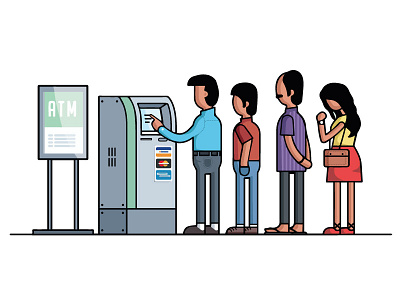 Demonetization: Long queue outside ATMs atm cards cash characters man money payments people queue waiting wallet woman