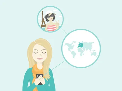 Travel App Illustration app flat illustration map paris phone travel vector woman world