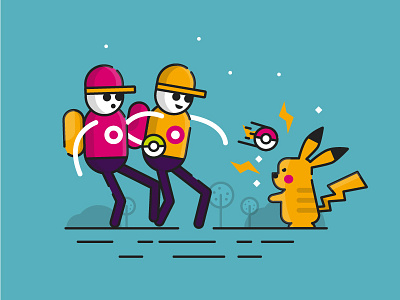 Outline Illustration style Pokemon GO clean flat illustration minimalist pikachu pokeball pokemon pokemon go pokemon trainer simple teal vector