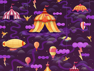 Circus Thunder balloons blimp circus clouds digital illustration mystical tents vector