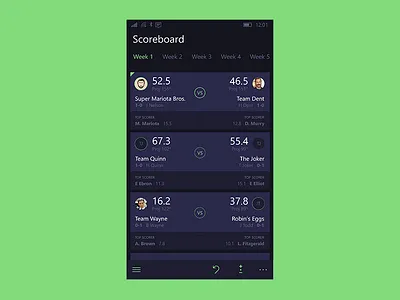 Scoreboard app dark fantasy flat football matchup minimal mobile score scoreboard ui windows