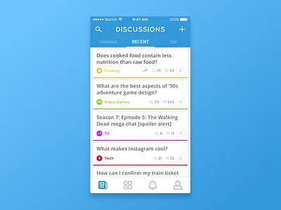 Discussions app blue bookmark chat clean color design icons mobile navigation news feed