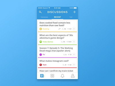 Discussions app blue bookmark chat clean color design icons mobile navigation news feed
