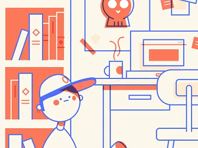 Room detail blue books boy character desk illustration multiply orange room teenager vector