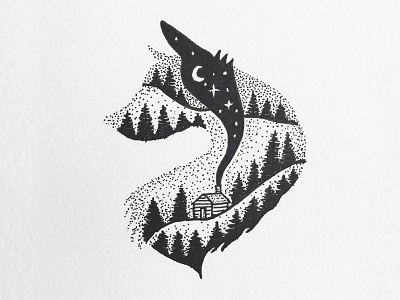 Wolf design drawing ink landscape nature night outdoors pen sky stipple