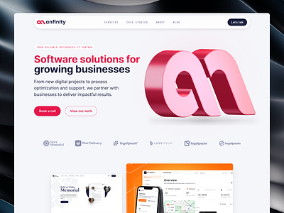 Anfinity - One page website for a software development agency 3d illustration 3d logo agency case study dev agency development agency figma prototype hero section home page landing page minimalistic design outsourcing portfolio software agency spline studio web design web studio