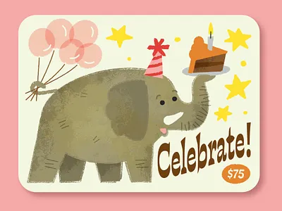 gift card concept animal balloons birthday birthday cake branding celebrate cute illustration elephant gift card gift card mockup packaging design product design retro zoo